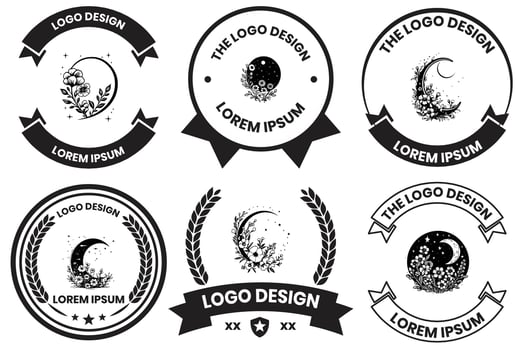 Moon with flowers logo in flat line art style vector