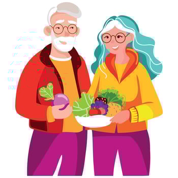 Modern elderly vegan couple holding fresh vegetables and fruits in their hands vector illustration.Healthy eating for seniors.Senior man and woman with many different vegetables isolated illustration