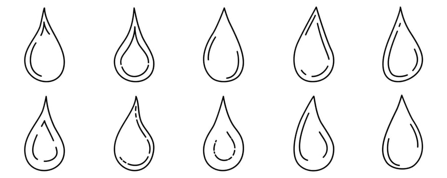 Doodle water drops of different shapes. Hand drawn sketch vector illustration of tears.