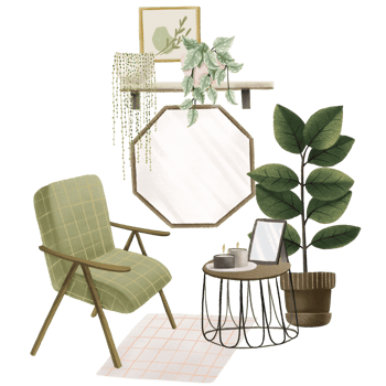 Beautiful living room interior with different houseplants and wooden armchair, coffe table, candles. Various potted plants. Hand drawn illustration on isolated background. png