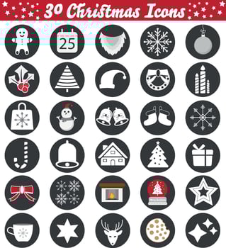 Set of christmas icons. Christmas vector emojis including christmas lights, bells, snow flakes, fireplace, mistletoe and gingerbread. Round vectors in grey circle.