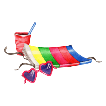 Composition with magazine, pink heart shaped sunglasses and red drinking cup with a straw. Retro style vacation. Hand drawn watercolor illustration isolated on transparent background png