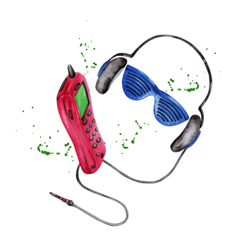 Composition with headphones, blue funky plastic sunglasses and pink mobile cell phone. Retro style design. Hand drawn watercolor illustration isolated on transparent background png