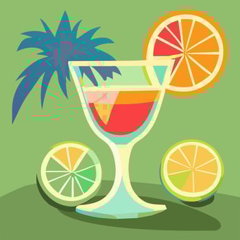 Illustration of a cocktail in a glass. Drink in a glass with a straw and an abstract palm tree in a glass. Vector flat illustration of a summer citrus cocktail on a bright background. Abstract drinks
