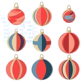 A set of Christmas flat balls is highlighted on a white background. A festive Christmas toy for a Christmas tree. Vector illustration. Multicolored round balls in red, blue shades. Christmas Balls