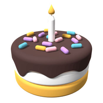 Cartoon style birthday cake. Birthday cake with candle. Party surprise decoration. 3D rendering png