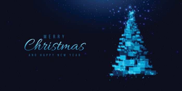 Christmas tree made of geometric shapes, lights and sparkles. Cyber Christmas or Happy New Year concept. Vector tech background.
