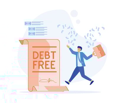 businessman with debt free letter, happy businessman jump with money fly around him,  flat vector modern illustration