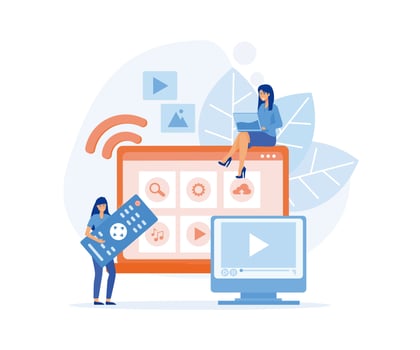 Menu Smart TV on laptop,  people watch video, content, applications on multimedia box tv. Modern television technology.  flat vector modern illustration