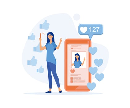 Digital overload concept, Likes and screen addiction, social media, gaming disorder, selfie posting, mental health problem. flat vector modern illustration