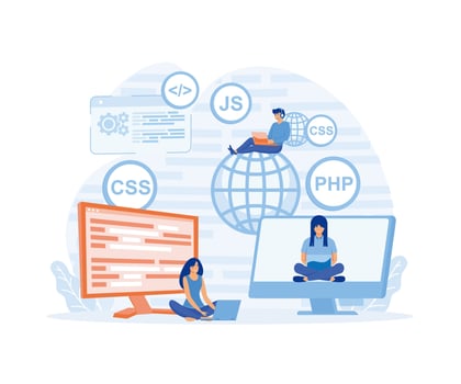 Programming courses web design concept with people. Students studying with computers scene. flat vector modern illustration