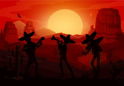 Mexican mariachi musicians silhouettes in desert vector