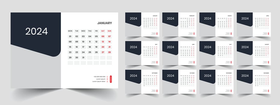 Calendar 2024 week start Monday corporate design planner template vector