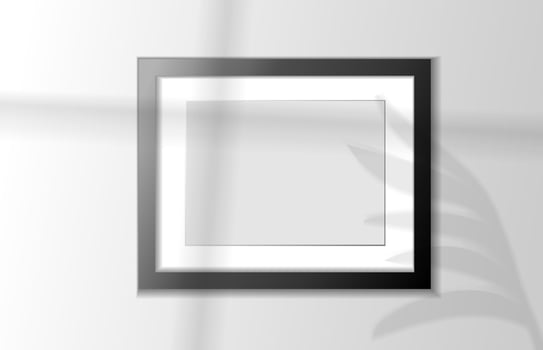 Mockup black frame photo on wall. Mock up artwork picture framed. Horizontal border with shadow, with shadow. Empty A4 photo frame. Modern stylish 3d. Design prints poster, letterhead, painting image vector