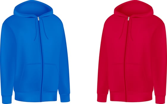 Blank red, blue mens hoodie sweatshirt long sleeve. Male hoody with hood front view. Vector template sport winter clothes for design mockup, print, isolated on white background