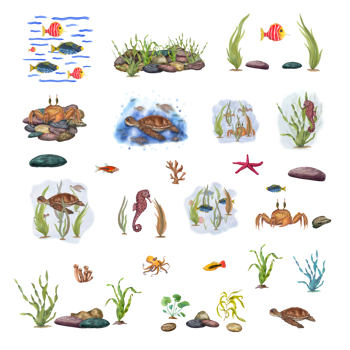 Sea set. Fishes, crab, tortilla, keeps in the aquatic environment. Underwater world. Stones, green weeds, sea animals. Watercolor illustration for poster, label, stickers and logo. Cartoon style. png