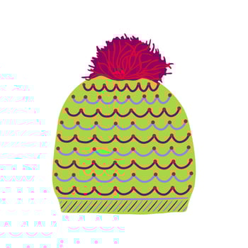 Green and violet winter hat with a pattern and pompon. New Year's headdress made of wool for cold weather. vector
