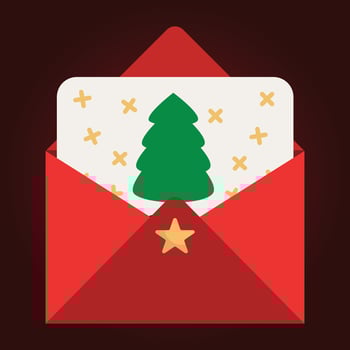 Open red envelope with Christmas tree and snowflakes. Vector illustration