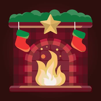 Christmas fireplace with Christmas socks. Vector illustration in flat style.