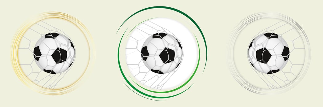 Football icon set, three version of soccer ball in net. vector