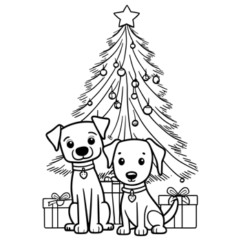 Dogs with Christmas Tree and Gifts Coloring Page for Kids, AI Generated png