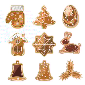 Set of holiday gingerbread cookies in flat technique. Vector illustration