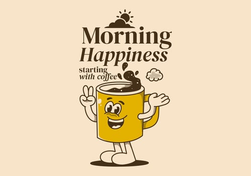 Morning happiness starting with coffee. Vintage mascot character of coffee mug with happy face vector
