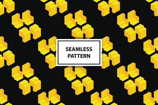 Abstract geometric seamless pattern. Isometric yellow shapes on black background. Creative design. Vector illustration.