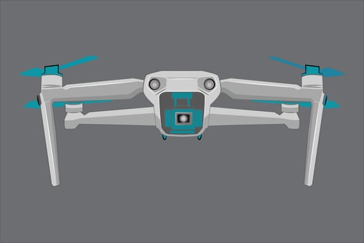 Unmanned drone. flying quadcopter with remote controller. Remote control. quadcopter drone with action camera. drone view from the front side. surveillance and video capture tools. vector