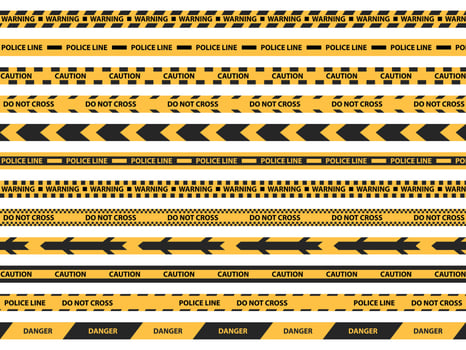 Caution tape set of yellow warning ribbons. Abstract warning lines for police, accident, under construction. Vector danger tape collection.