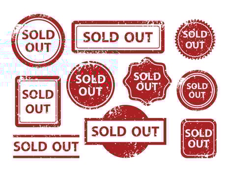 Red sold out grunge stamp, sale badge template, vector illustration.