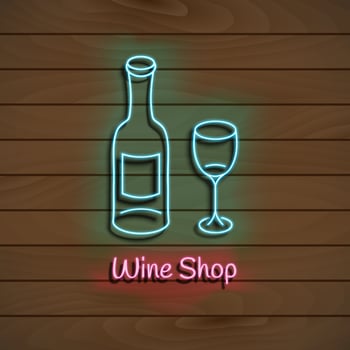 Wine shop. Neon blue sign. light banner on a wooden wall. Vector Illustration.