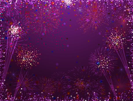 Holiday background. Purple color, glittering confetti, shiny fireworks. Festive expressive design. Greeting card template. Postcard or banner concept. Isolated elements. Abstract backdrop. Empty blank vector