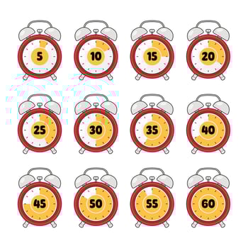 Kitchen timer clock. 1 to 60 minutes countdown symbols. Isolated illustration. vector