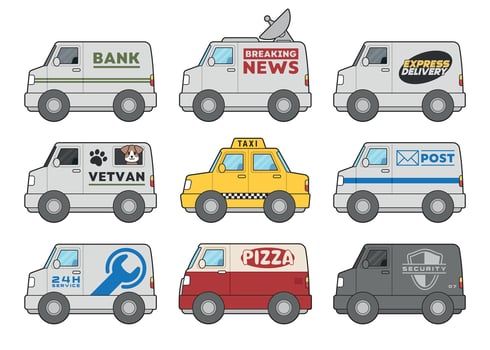 Hand drawn city service cars illustration set. vector