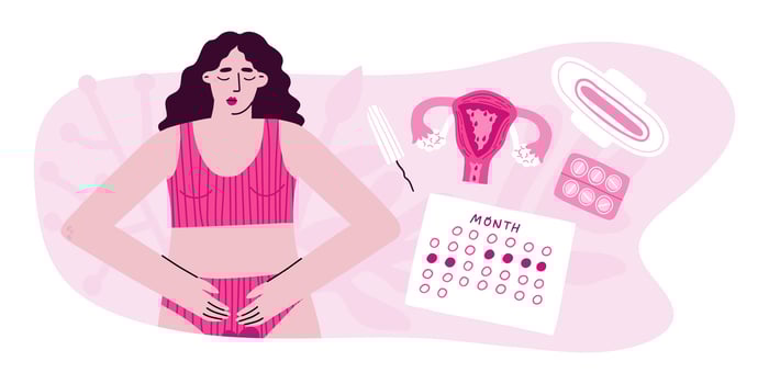 Calendar period of menstruation. Means of hygiene during the period. PMS, calendar, woman in underwear, stomach ache. Vector illustration in flat style.