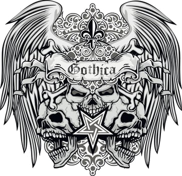 Gothic sign with skull and wings, grunge vintage design t shirts vector