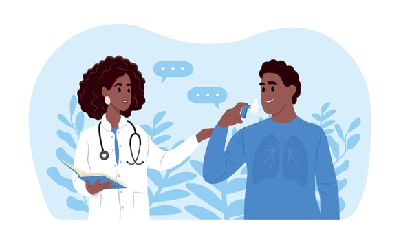 Bronchial asthma. A doctor tells his patient how to use an inhaler during asthma attack. World Asthma Day. Allergy, asthmatic. Inhalation drug. vector