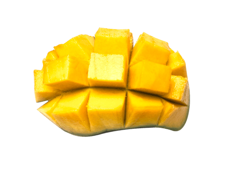 Mango cubes and a whole mango isolated on a PNG transparent background
