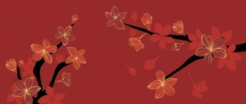 Luxury oriental flower background vector. Elegant cherry blossom flower golden line art on red background. Floral pattern design illustration for decoration, wallpaper, poster, banner, card. vector