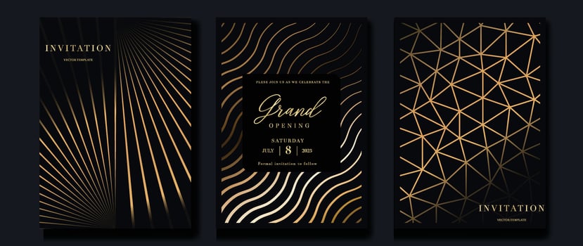 Luxury invitation card background vector. Golden curve elegant, gold line gradient on dark color background. Premium design illustration for gala card, grand opening, party invitation, wedding. vector