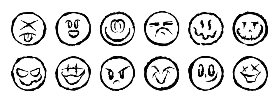 Set of graffiti face spray paint vector. Collection spray face emotion of smile face, angry, sad, cunning, happy, funny, silly. Design illustration for decoration, card, sticker. banner, street art. vector