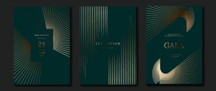 Luxury invitation card background vector. Golden curve elegant, gold line gradient on green color background. Premium design illustration for gala card, grand opening, party invitation, wedding. vector