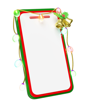 3d mobile phone, smartphone with Jingle bell, holly berry leaves, glass transparent lamp, party banner. merry christmas and happy new year, online shopping, 3d render illustration png