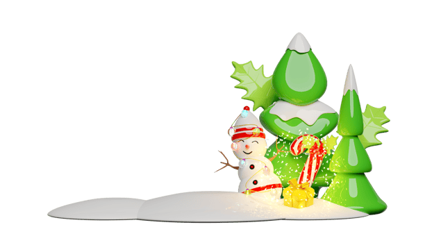 snowman with christmas tree, candy cane, red bow, holly berry leaves, glass transparent lamp garlands. merry christmas and happy new year, 3d render illustration png