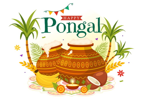 Happy Pongal Vector Illustration of Traditional Tamil Nadu India Festival Celebration with Sugarcane and Plate of Religious Props in Flat Background