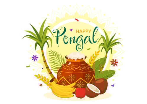 Happy Pongal Vector Illustration of Traditional Tamil Nadu India Festival Celebration with Sugarcane and Plate of Religious Props in Flat Background