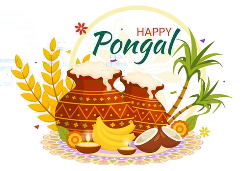 Happy Pongal Vector Illustration of Traditional Tamil Nadu India Festival Celebration with Sugarcane and Plate of Religious Props in Flat Background