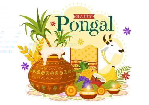 Happy Pongal Vector Illustration of Traditional Tamil Nadu India Festival Celebration with Sugarcane and Plate of Religious Props in Flat Background