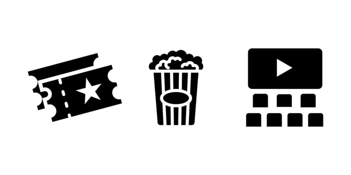 Set icons Cinema auditorium with screen and seats, cinema hall, popcorn,and tickets.isolated white background. vector